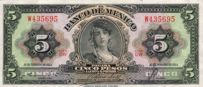 Front of Mexico p57b: 5 Pesos from 1954