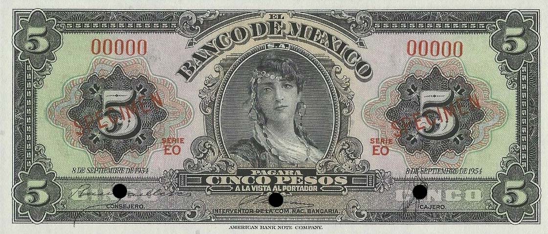 Front of Mexico p57s: 5 Pesos from 1953