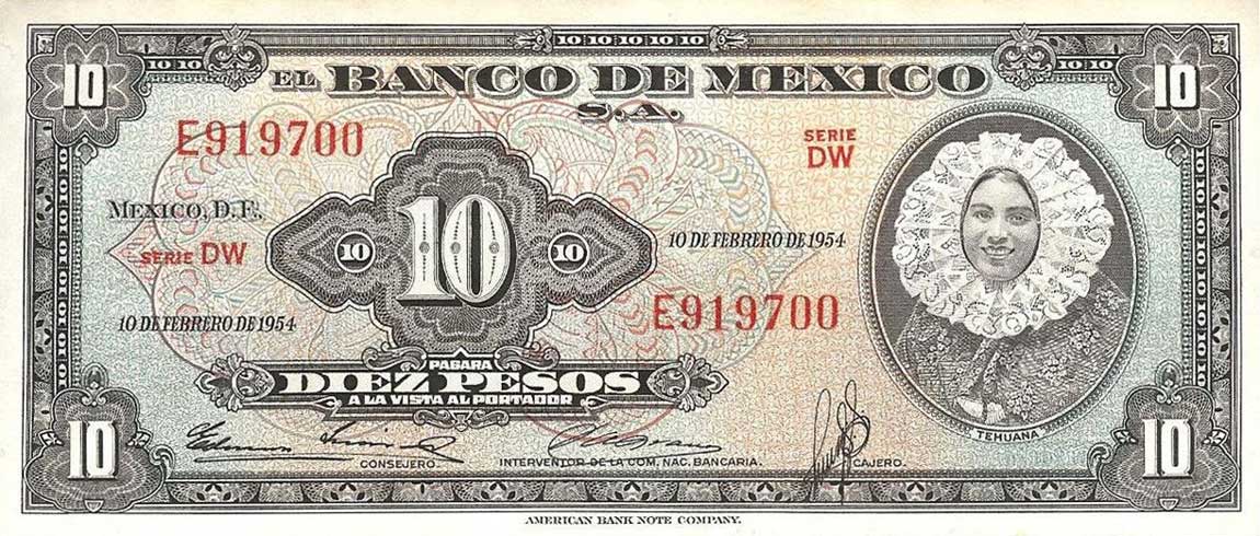 Front of Mexico p58a: 10 Pesos from 1954