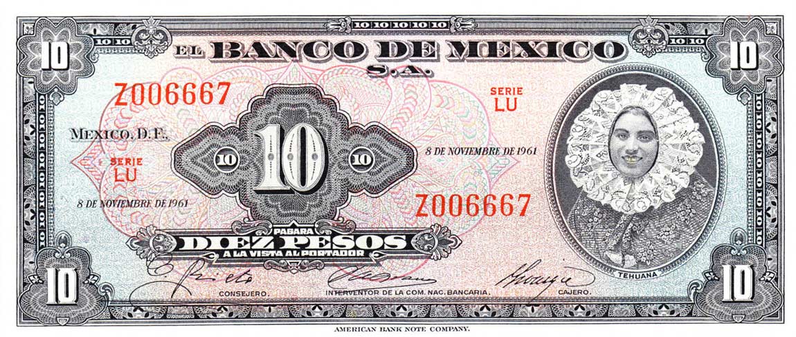 Front of Mexico p58i: 10 Pesos from 1961