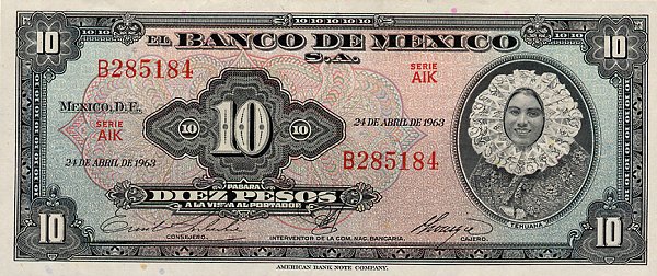 Front of Mexico p58j: 10 Pesos from 1963
