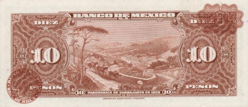 Back of Mexico p58k: 10 Pesos from 1965