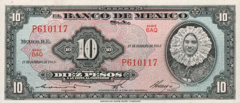 Front of Mexico p58k: 10 Pesos from 1965