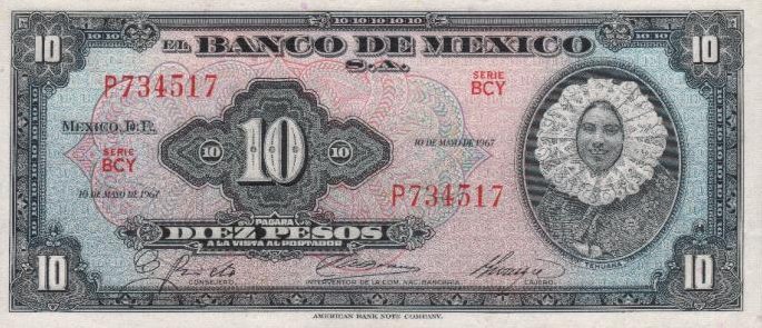 Front of Mexico p58l: 10 Pesos from 1967