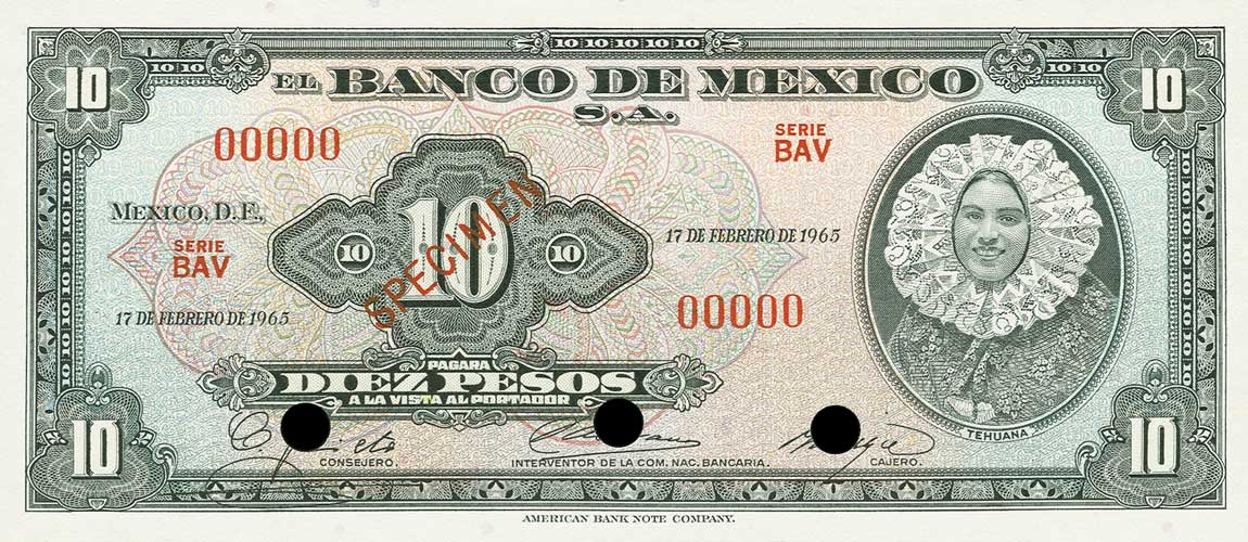 Front of Mexico p58s: 10 Pesos from 1954