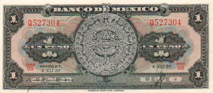 Front of Mexico p59c: 1 Peso from 1957