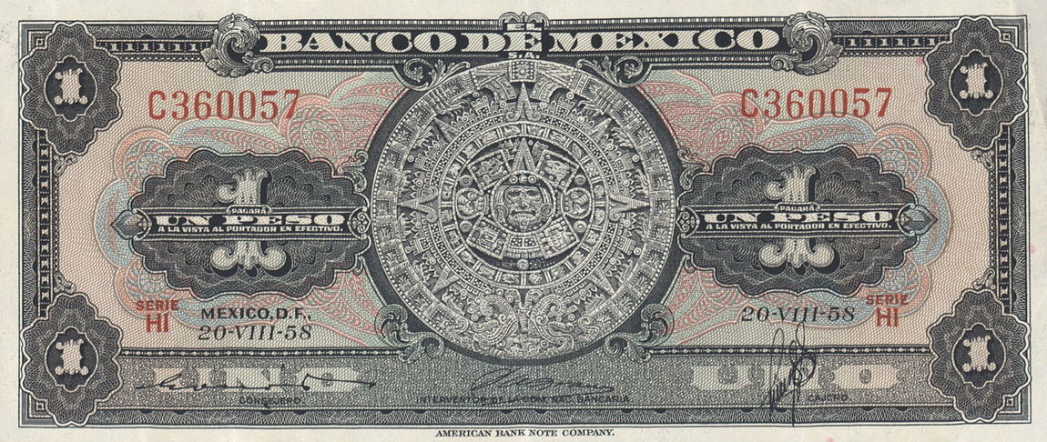 Front of Mexico p59d: 1 Peso from 1958
