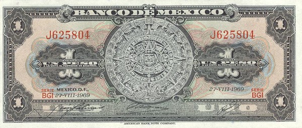 Front of Mexico p59k: 1 Peso from 1969