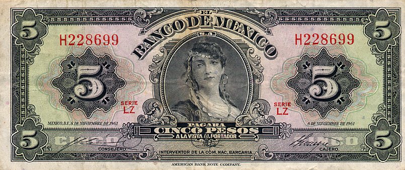 Front of Mexico p60g: 5 Pesos from 1961