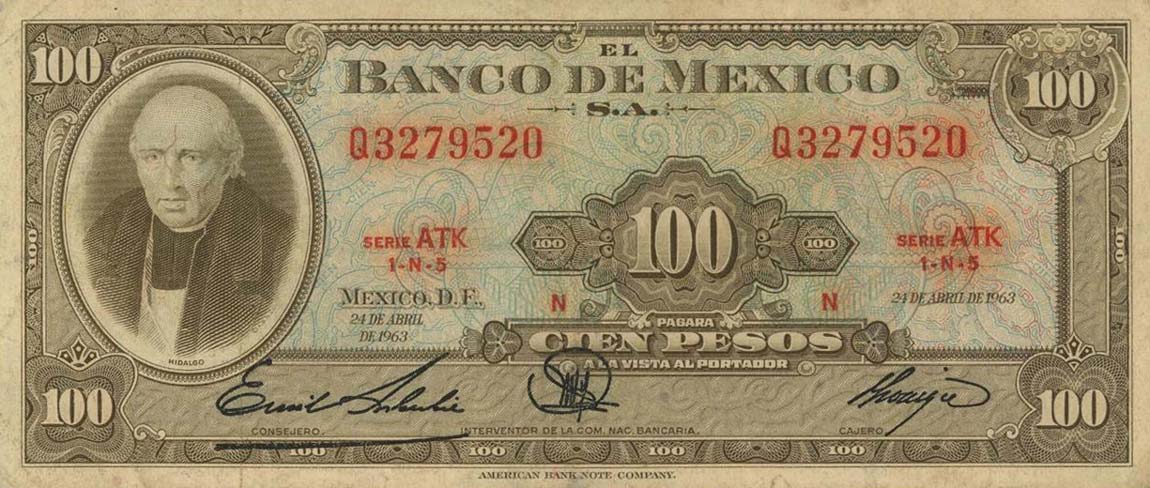 Front of Mexico p61b: 100 Pesos from 1963