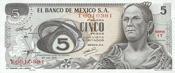 Front of Mexico p62b: 5 Pesos from 1971