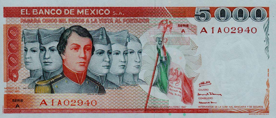 Front of Mexico p71: 5000 Pesos from 1980