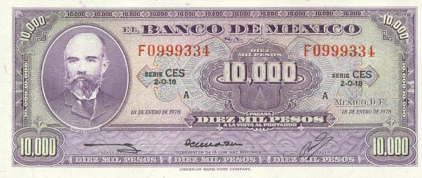 Front of Mexico p72: 10000 Pesos from 1978