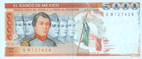 Front of Mexico p87: 5000 Pesos from 1985