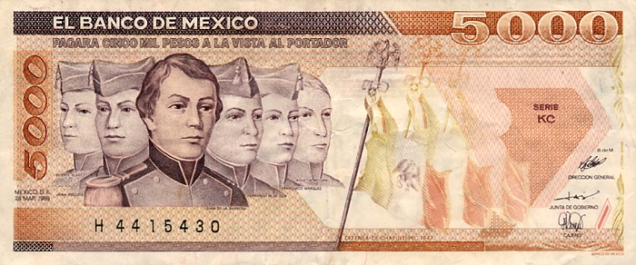 Front of Mexico p88c: 5000 Pesos from 1989