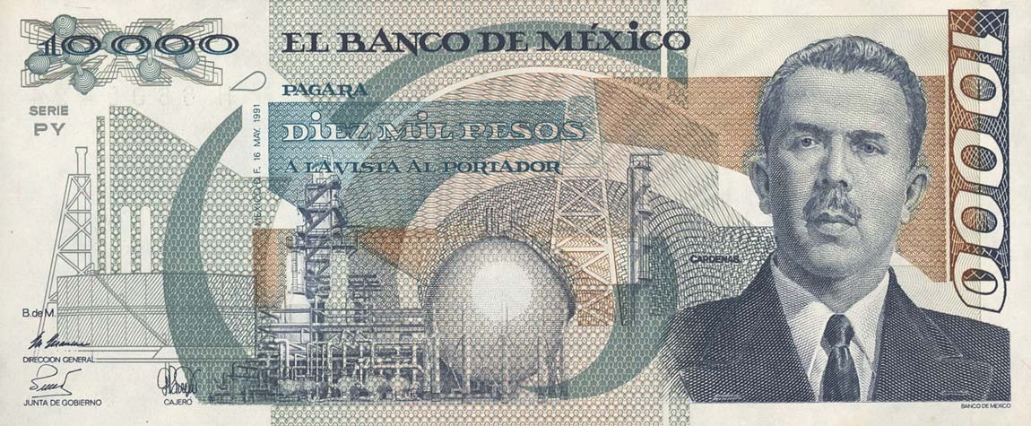 Front of Mexico p90d: 10000 Pesos from 1991