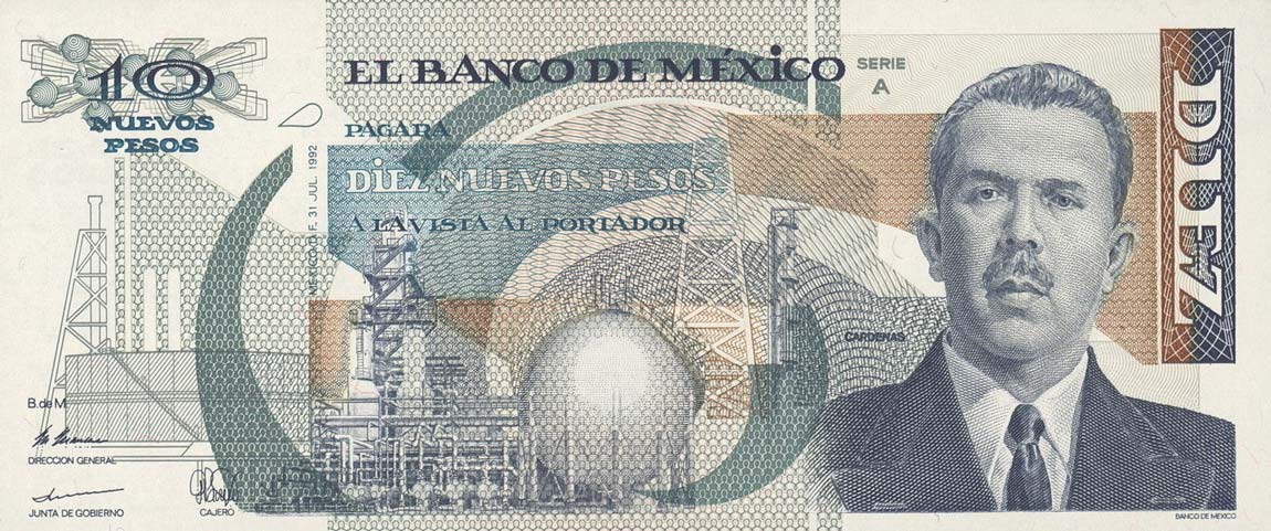 Front of Mexico p95: 10 Nuevos Pesos from 1992