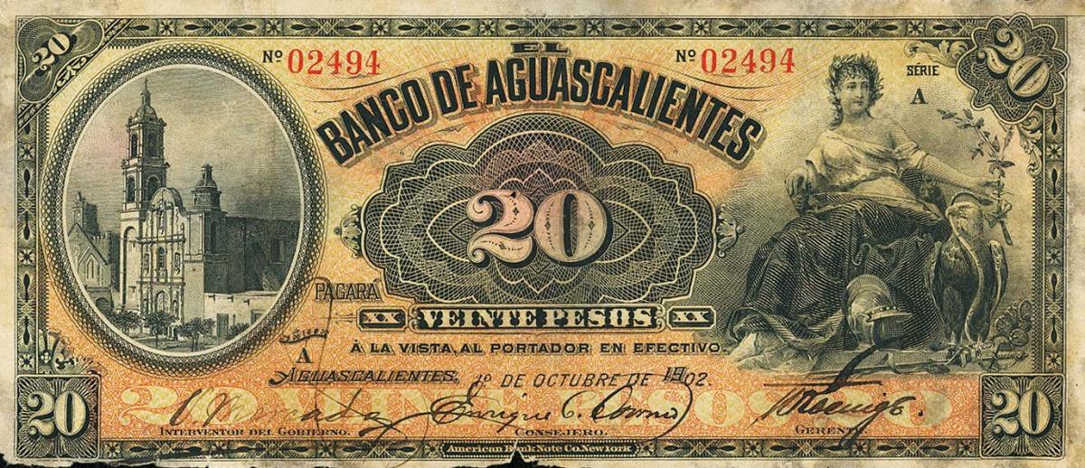 Front of Mexico pS103a: 20 Pesos from 1902