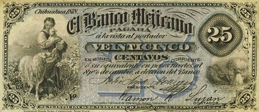 Front of Mexico pS143r: 25 Centavos from 1878