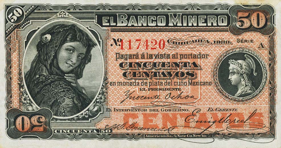 Front of Mexico pS161a: 50 Centavos from 1888