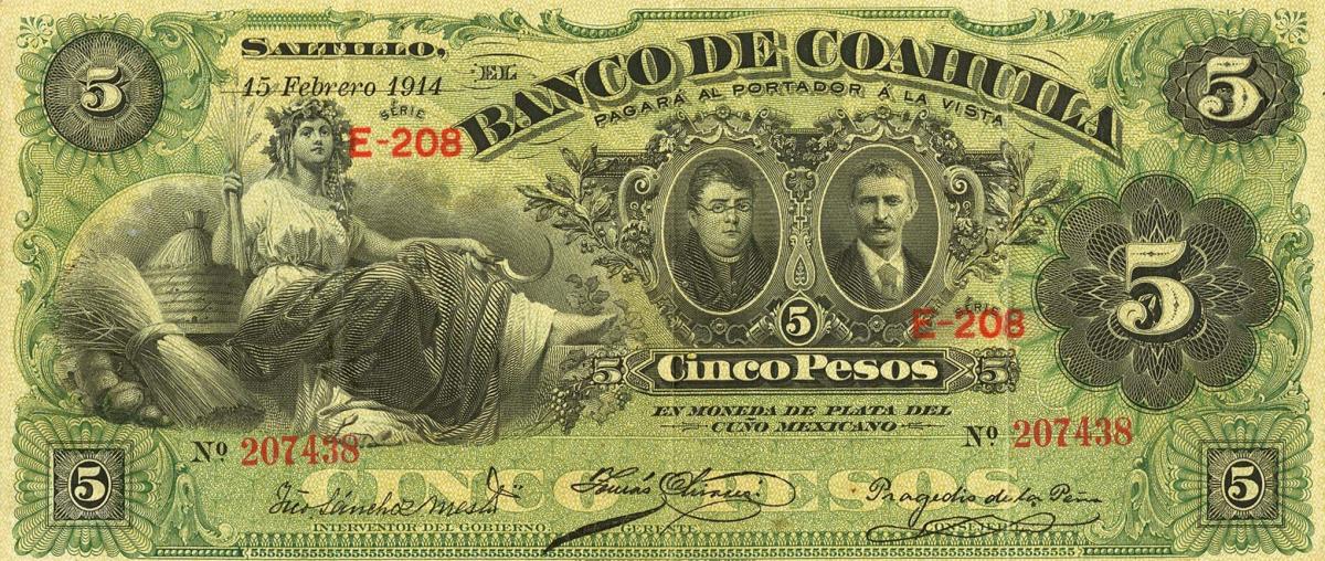 Front of Mexico pS195c: 5 Pesos from 1898