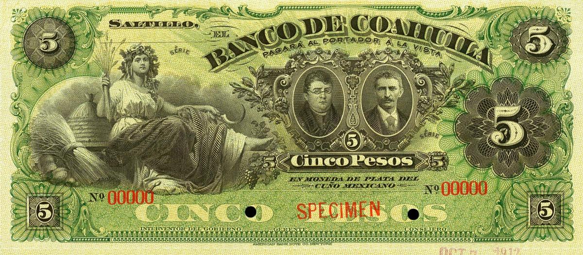 Front of Mexico pS195s: 5 Pesos from 1898