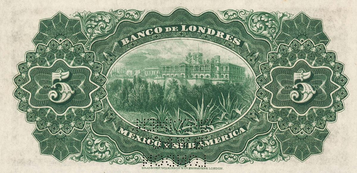 Back of Mexico pS224s: 5 Pesos from 1887