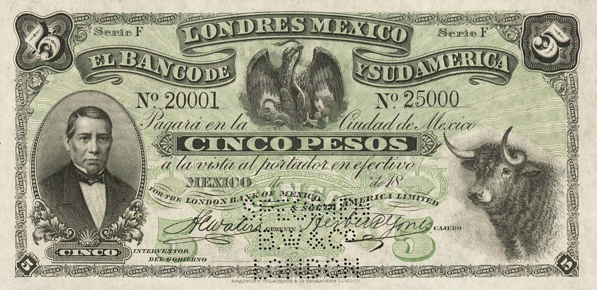 Front of Mexico pS224s: 5 Pesos from 1887