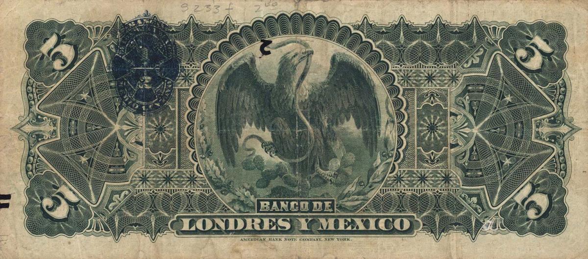 Back of Mexico pS233c: 5 Pesos from 1889