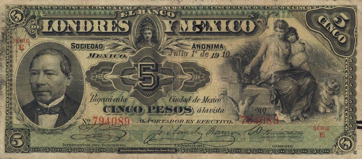 Front of Mexico pS233c: 5 Pesos from 1889