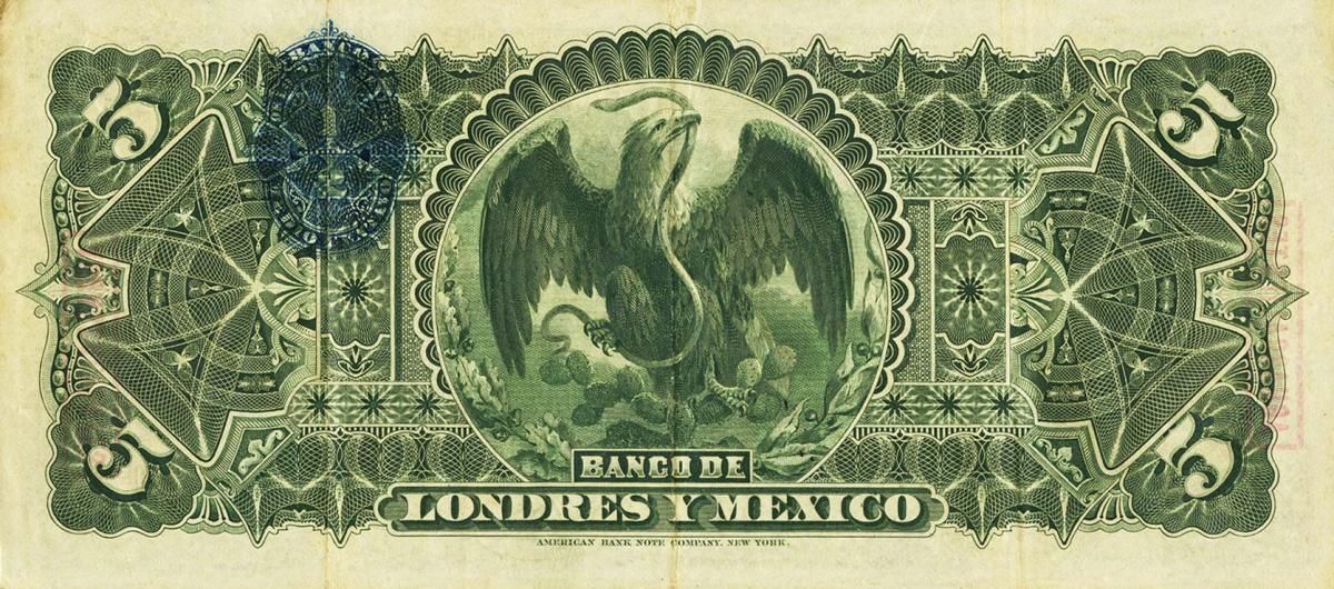 Back of Mexico pS233e: 5 Pesos from 1889