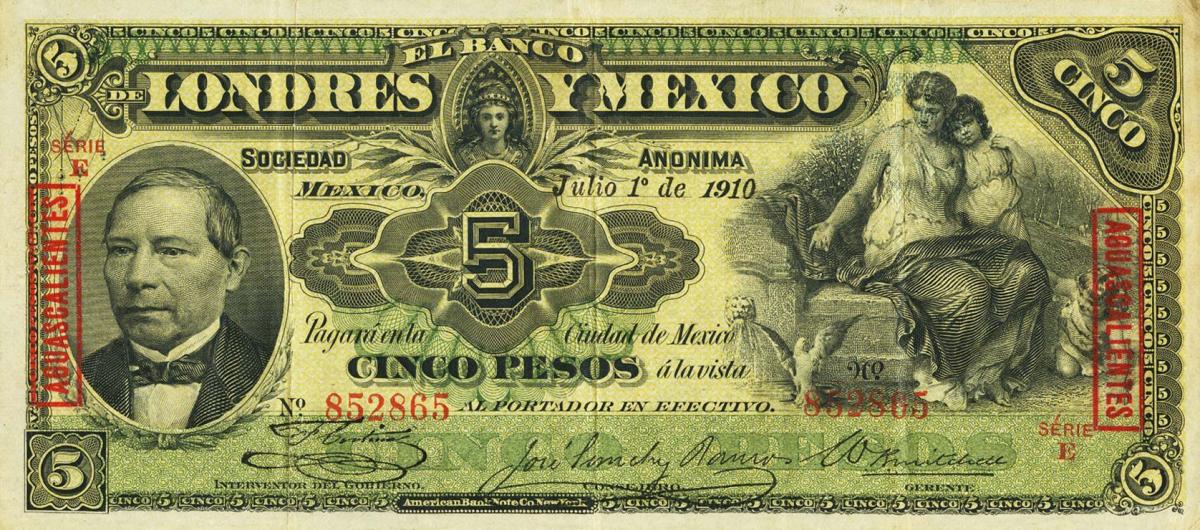 Front of Mexico pS233e: 5 Pesos from 1889