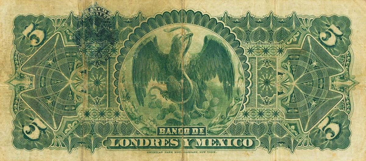 Back of Mexico pS233g: 5 Pesos from 1889