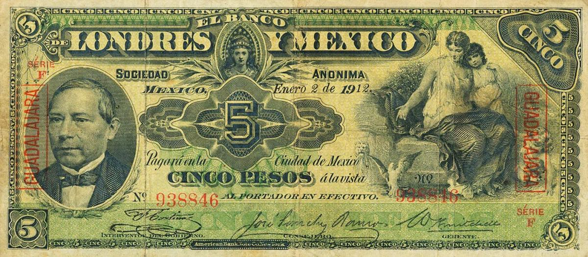 Front of Mexico pS233g: 5 Pesos from 1889