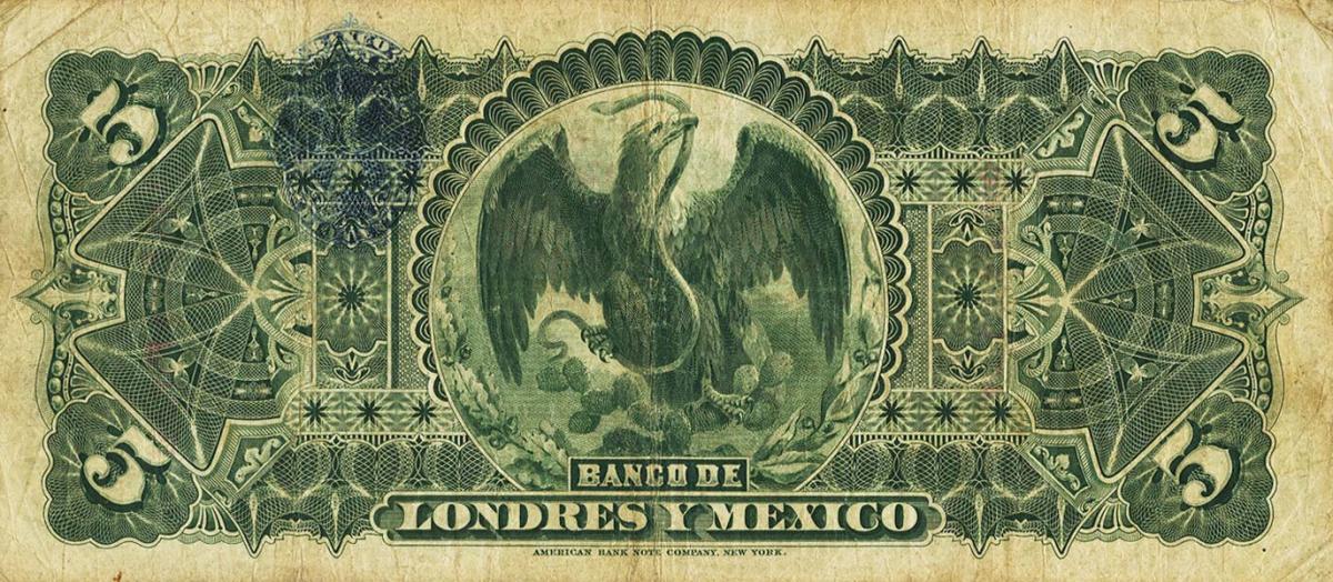 Back of Mexico pS233q: 5 Pesos from 1889