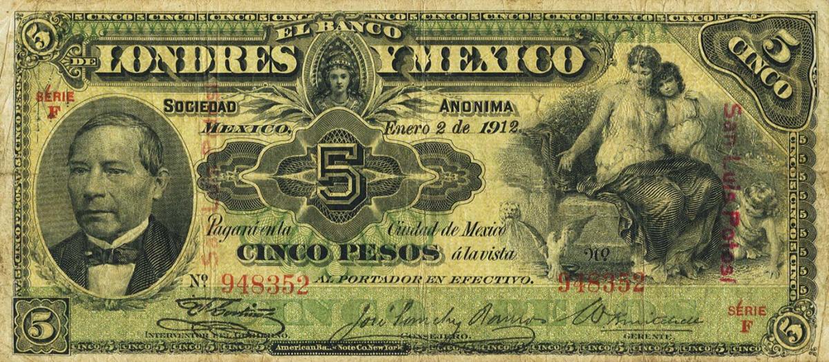 Front of Mexico pS233q: 5 Pesos from 1889