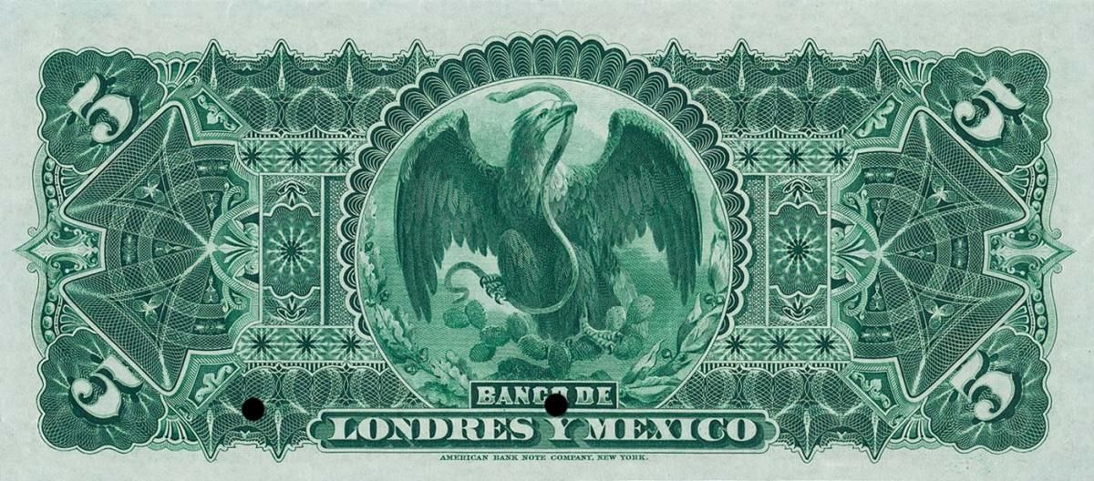 Back of Mexico pS233s: 5 Pesos from 1889