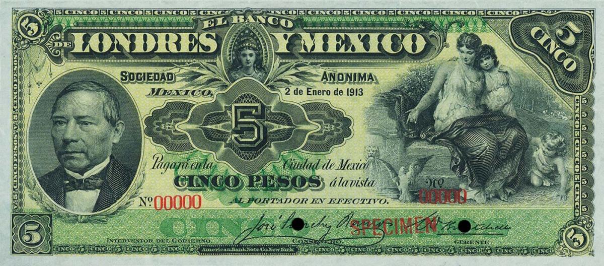 Front of Mexico pS233s: 5 Pesos from 1889