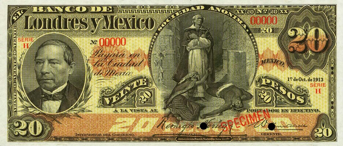 Front of Mexico pS235s: 20 Pesos from 1889