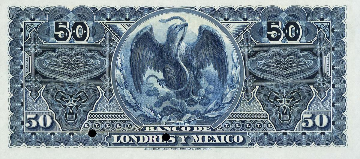 Back of Mexico pS236s: 50 Pesos from 1889