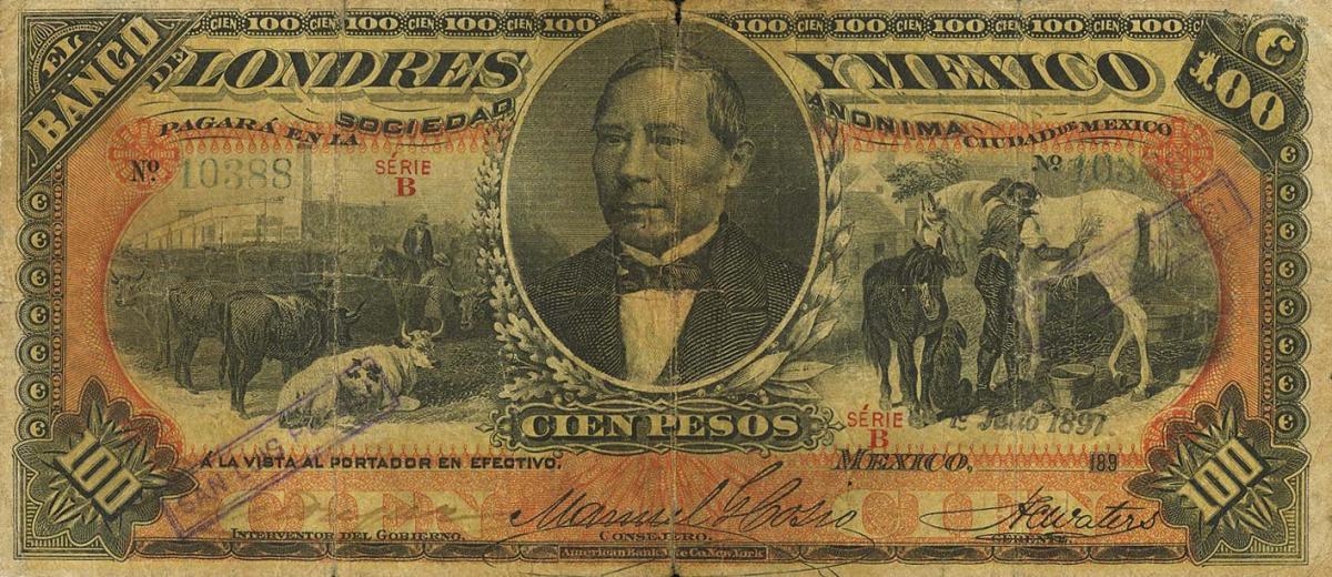 Front of Mexico pS237l: 100 Pesos from 1889