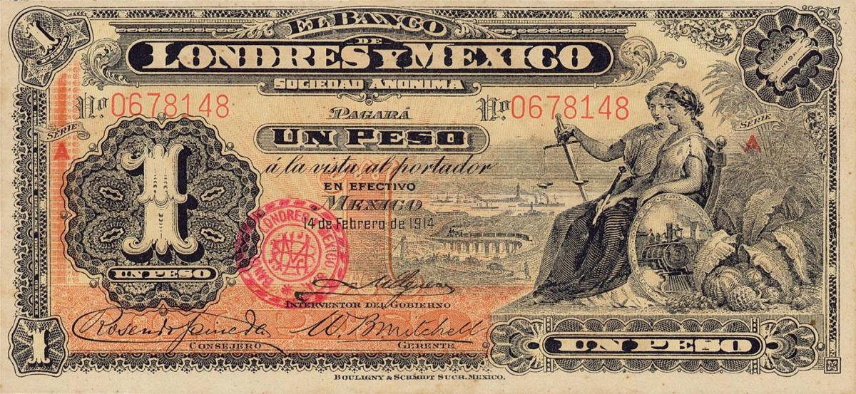 Front of Mexico pS240: 1 Peso from 1914