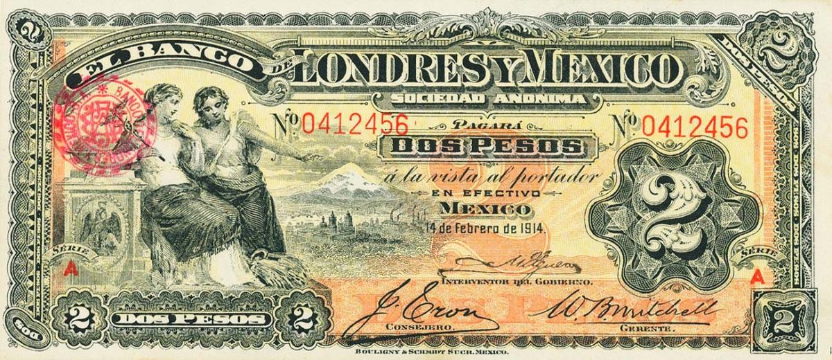 Front of Mexico pS241: 2 Pesos from 1914