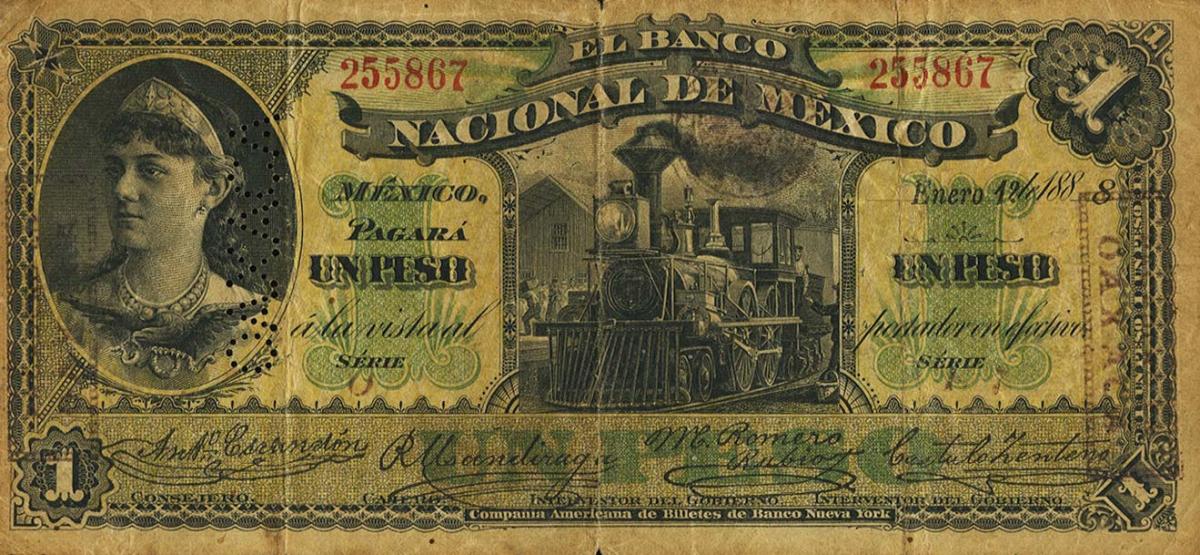 Front of Mexico pS255h: 1 Peso from 1885