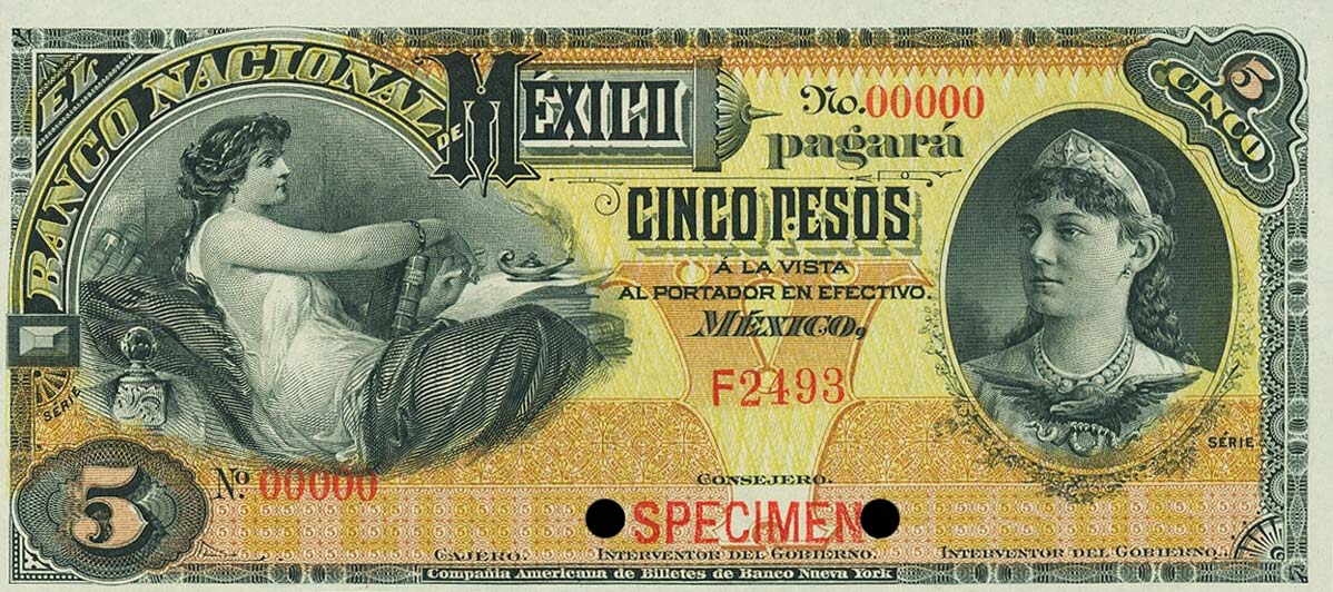 Front of Mexico pS257s2: 5 Pesos from 1885