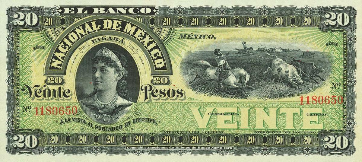 Front of Mexico pS259r1: 20 Pesos from 1885