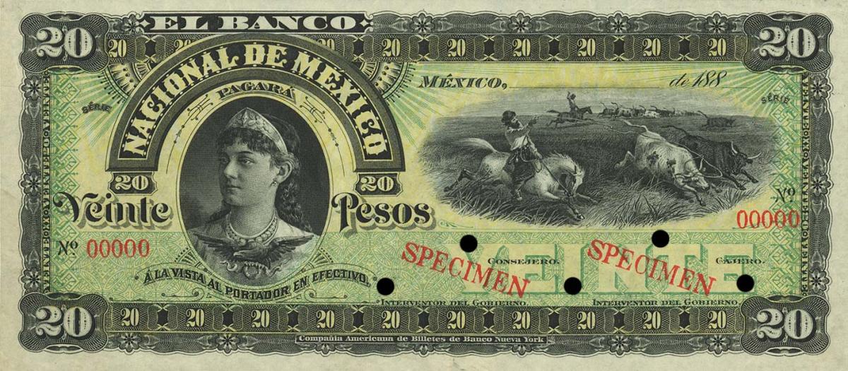 Front of Mexico pS259s1: 20 Pesos from 1885