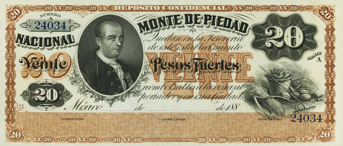 Front of Mexico pS267r1: 20 Pesos from 1880