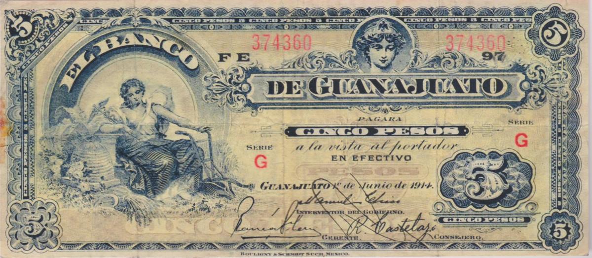 Front of Mexico pS296: 5 Pesos from 1914