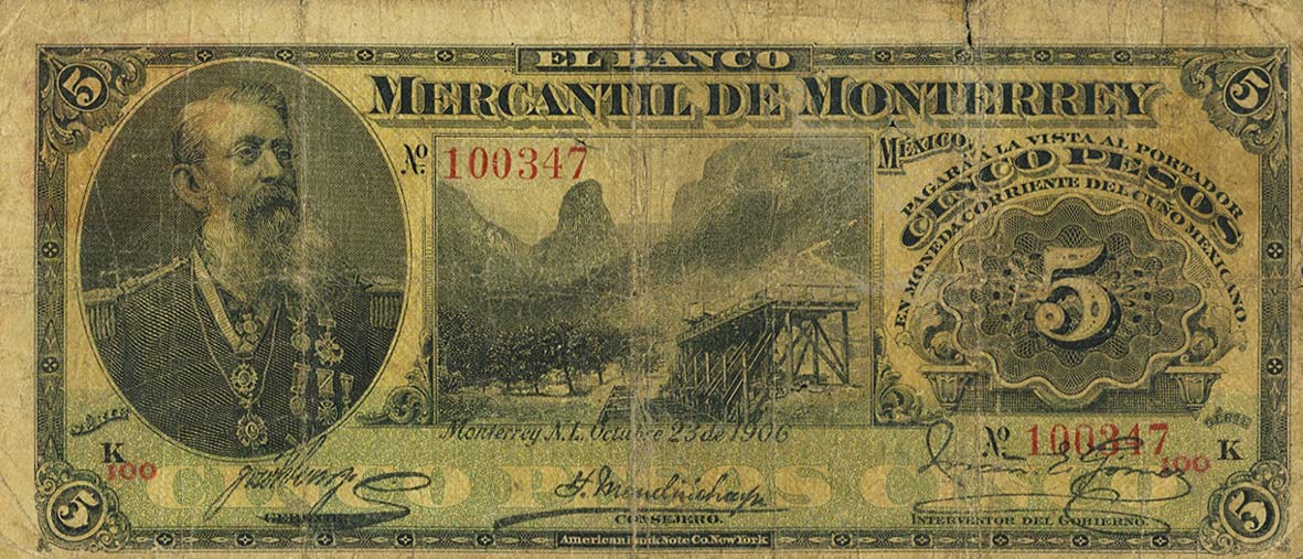 Front of Mexico pS352Aa: 5 Pesos from 1906